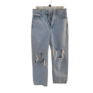 Princess Polly Light Wash Distressed Straight Leg Jeans Blue 2 Knee Rip Cotton
